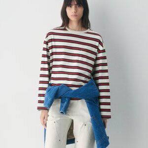 Aritzia TNA Might Cotton Fletch Longsleev in Navy and Red Stripe